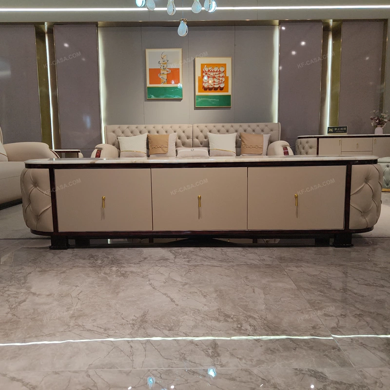 Cream Tufted Leather TV Stand with Oval Marble Top and Dark Glossy Frame